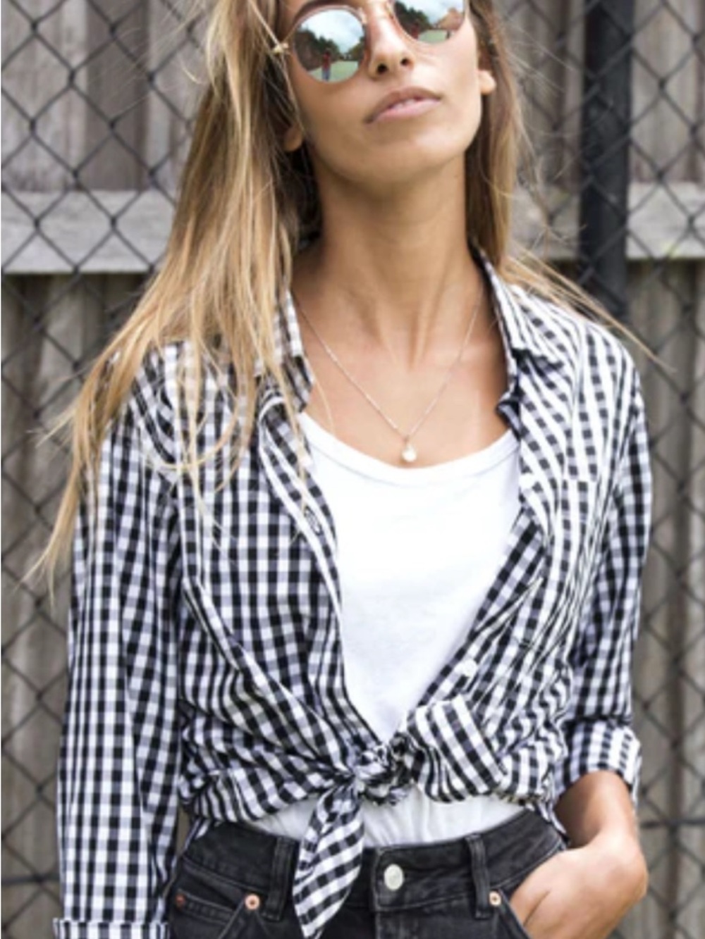 J. Crew Factory Black & White Gingham Tie-Front Button-Down Shirt Size S